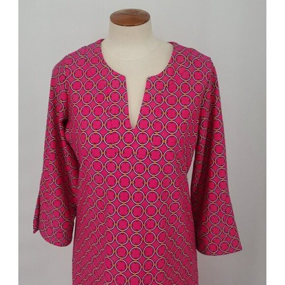 Jude Connally Megan Hot Pink Geometric Print Tunic Dress 3/4 Sleeve Size Large - Picture 2 of 11
